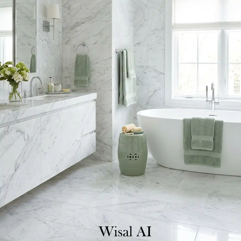 White marble bathroom with sage green elegant accents
