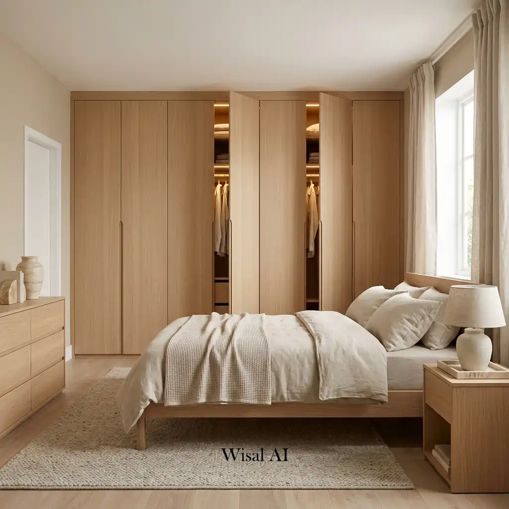 White oak bedroom with custom built-in wardrobes and integrated LED lighting.