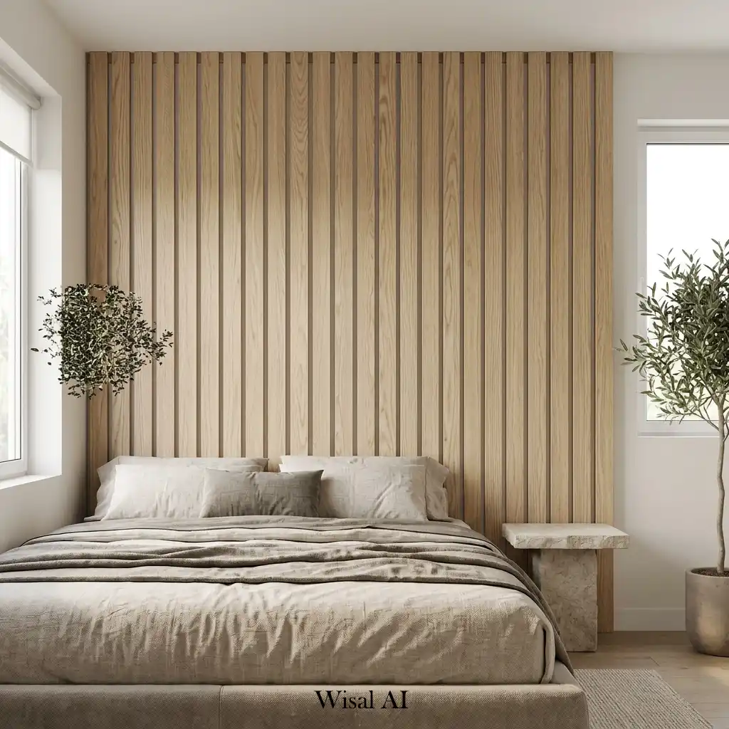 White oak slat accent wall with hidden LED lighting in a contemporary bedroom.