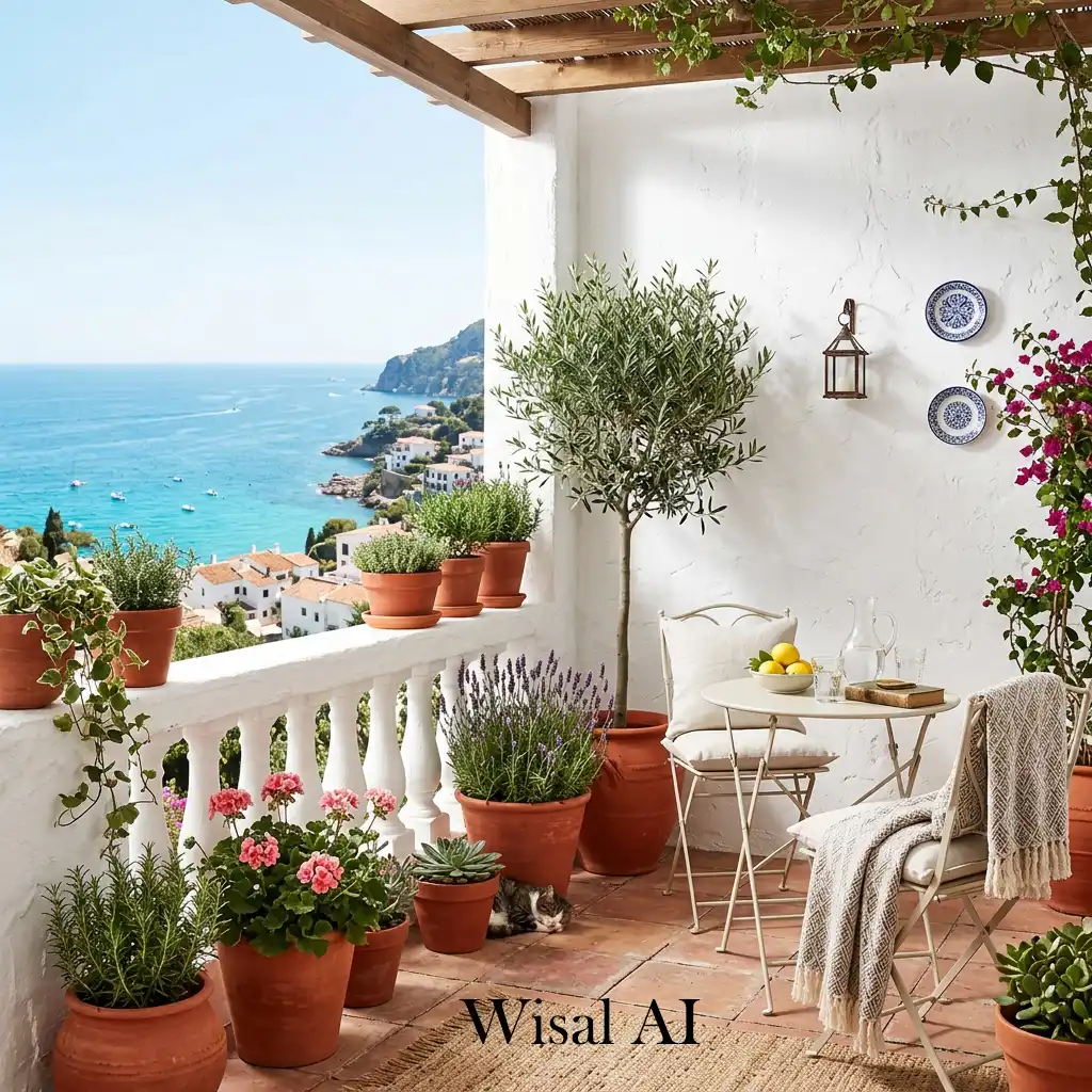 White balcony walls with elegant terracotta decorative accents