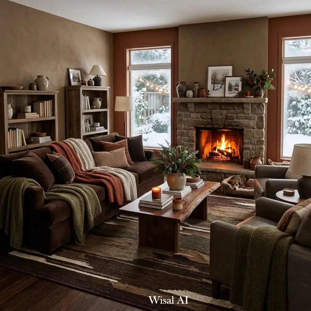 Elegant winter living room featuring deep earth-tone colors and warm accents.