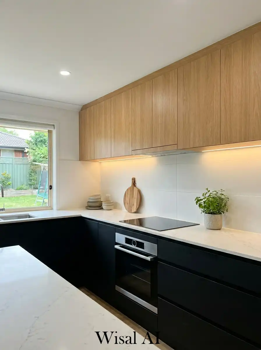 Stylish kitchen design with wooden upper cabinets black lower units and balanced modern luxury aesthetic.