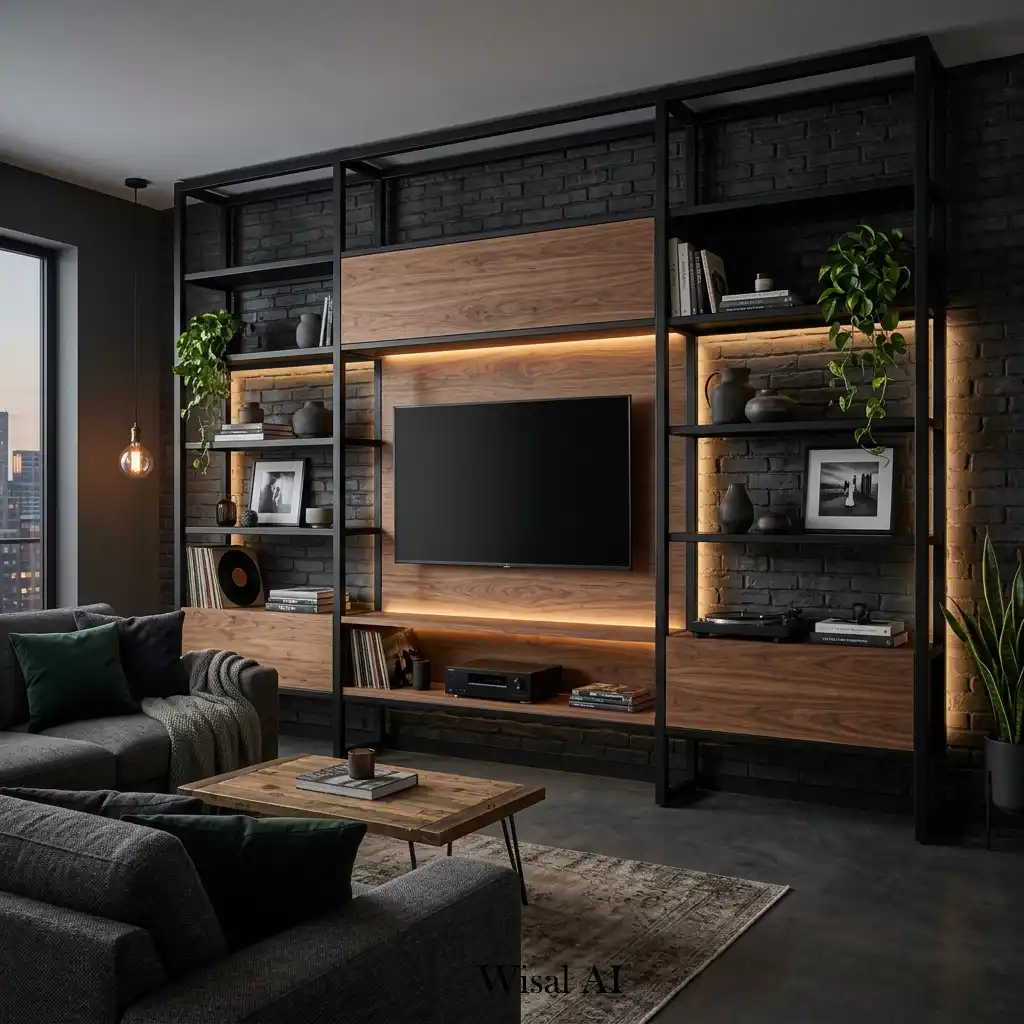 30. Black metal and wood media wall in modern industrial living room