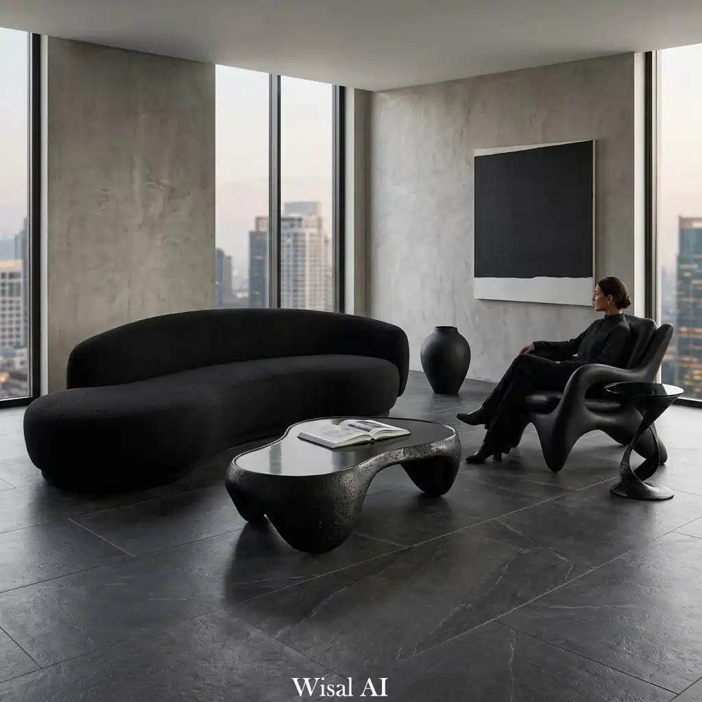 Modern luxury black living room featuring sculptural black furniture pieces that function as artistic focal points