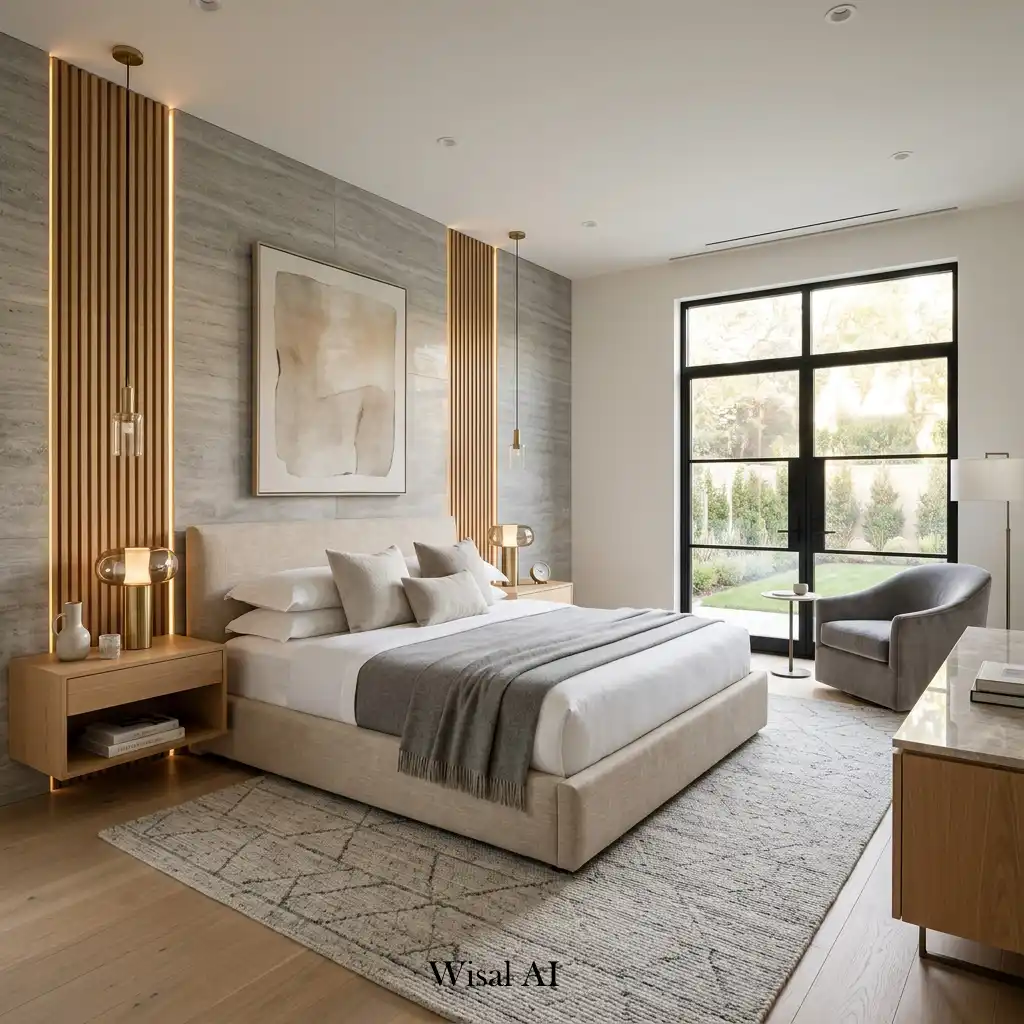 Sophisticated contemporary bedroom featuring timeless luxury materials and designer details