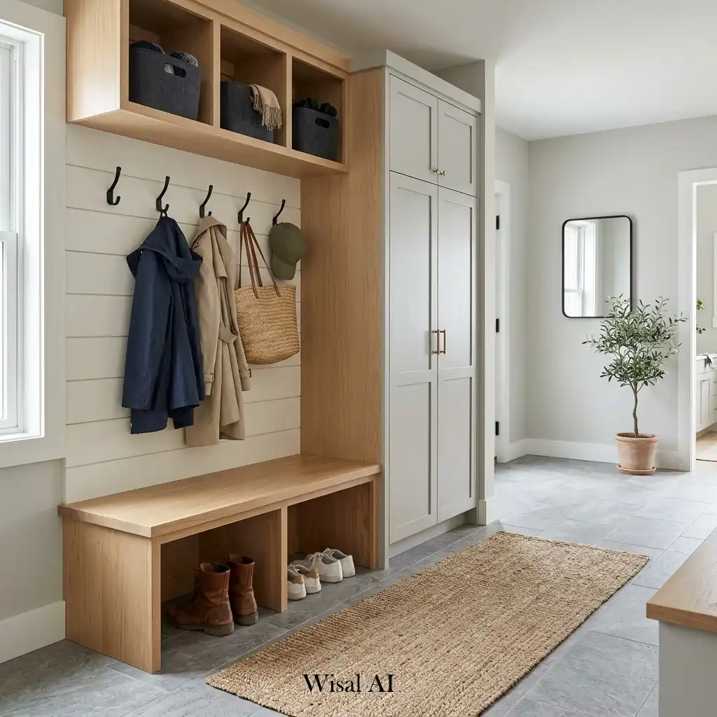 Timeless modern mudroom with clean lines, durable materials, and sophisticated organization