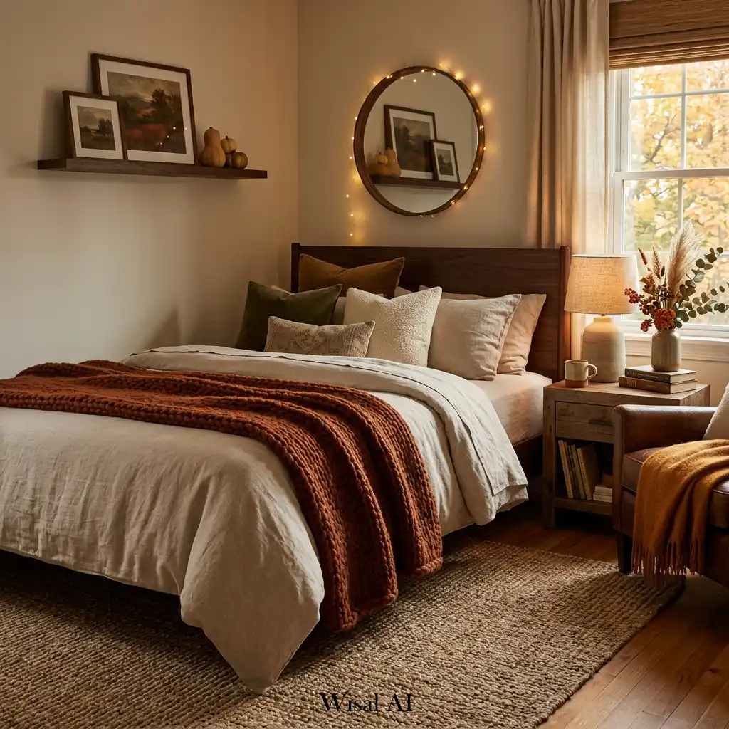 Ultimate autumn bedroom retreat with rich textures and earthy elegance.