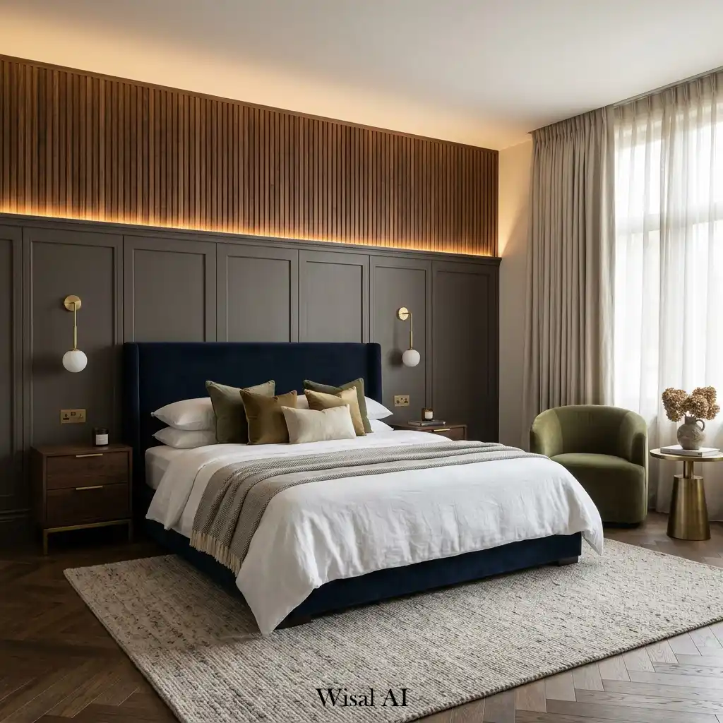 Ultimate custom luxury bedroom featuring sophisticated wall paneling and integrated lighting.