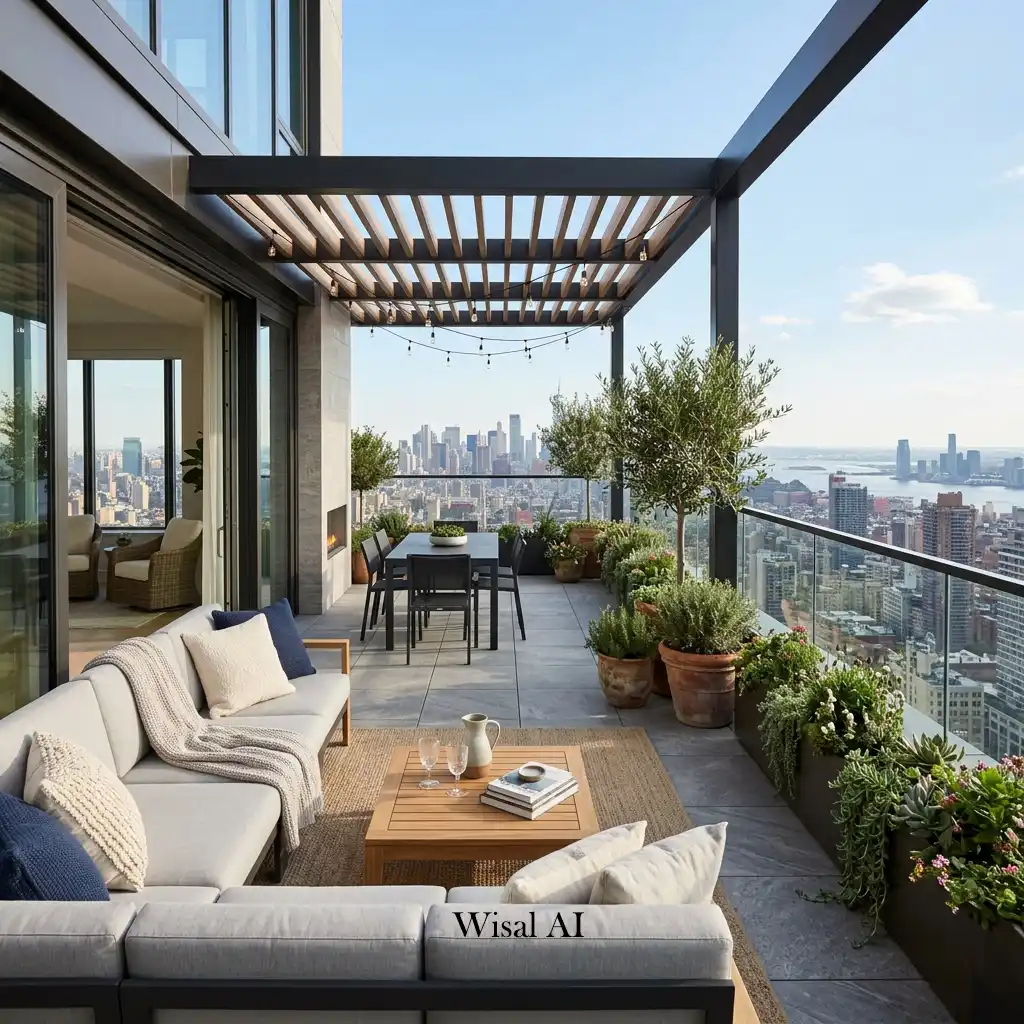 Sophisticated balcony retreat with designer furniture and breathtaking city views