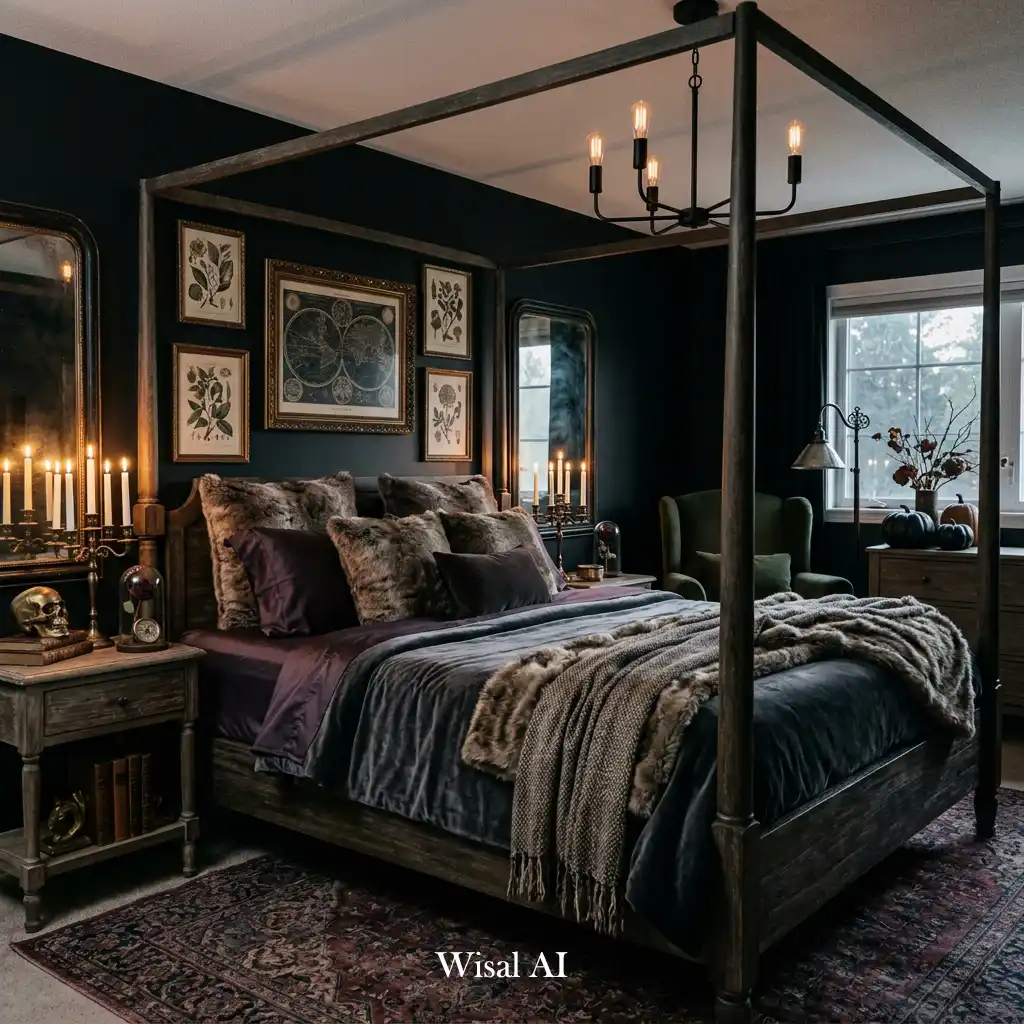 Ultimate Halloween bedroom with dark moody charm, layered textures, and sophisticated seasonal décor.