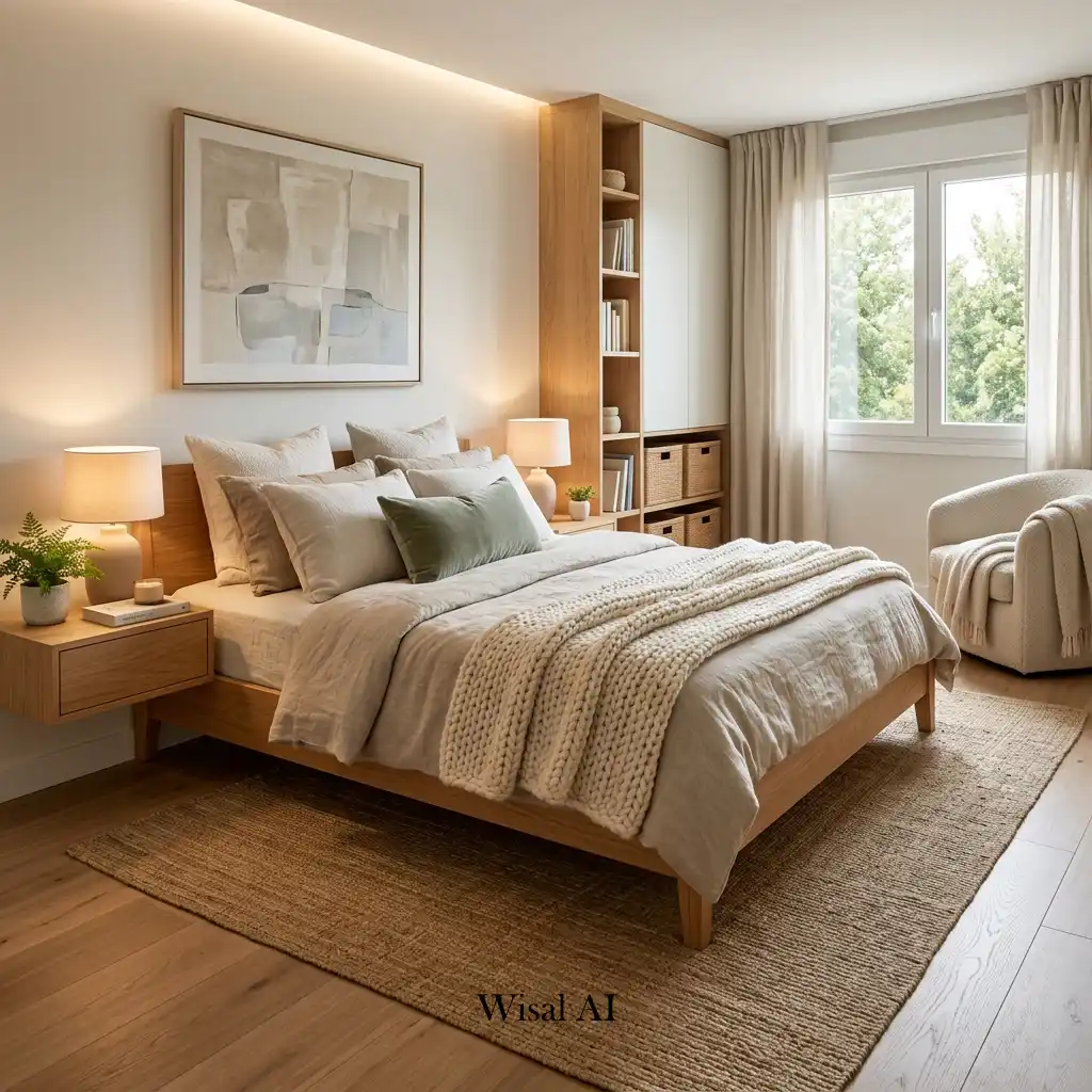Ultimate modern cozy bedroom retreat with layered textures and warm lighting.