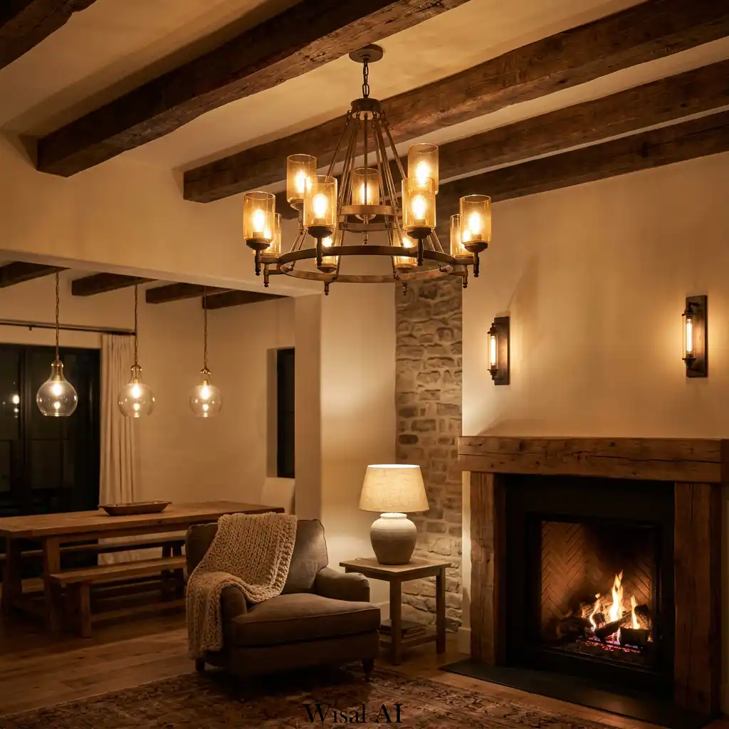 Luxury farmhouse living room with warm ambient lighting and handcrafted ceiling fixtures