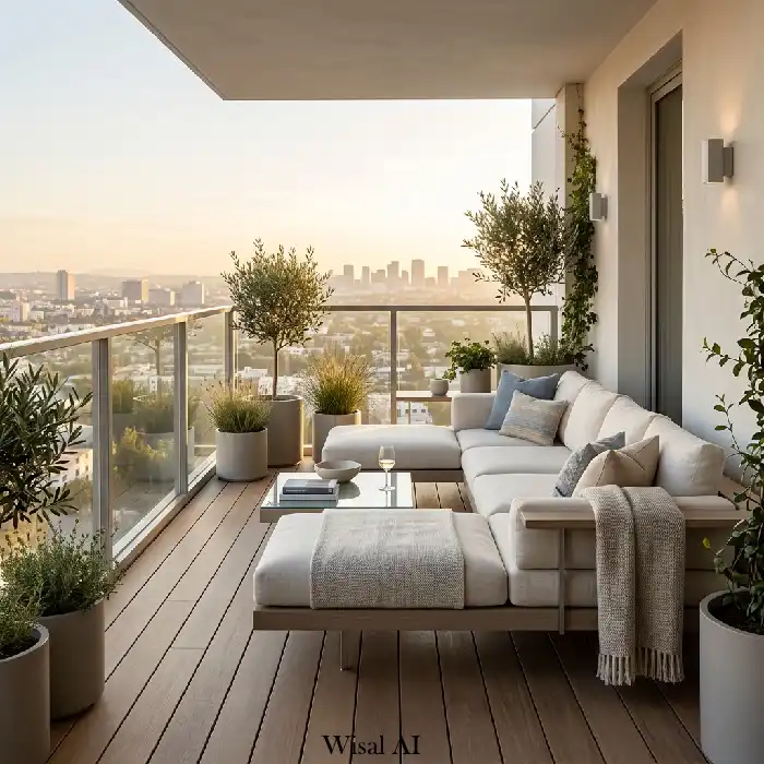 Luxury balcony with floating lounge seating and soft modern outdoor design