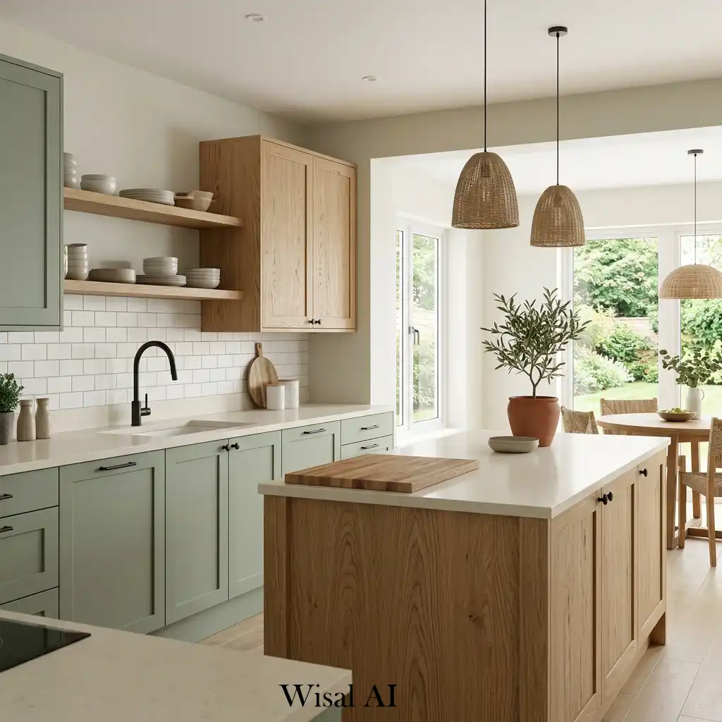 31. Sage green kitchen cabinets with natural oak wood interior