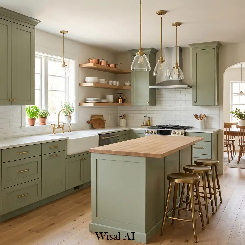 32. Sage green kitchen with brushed brass hardware details