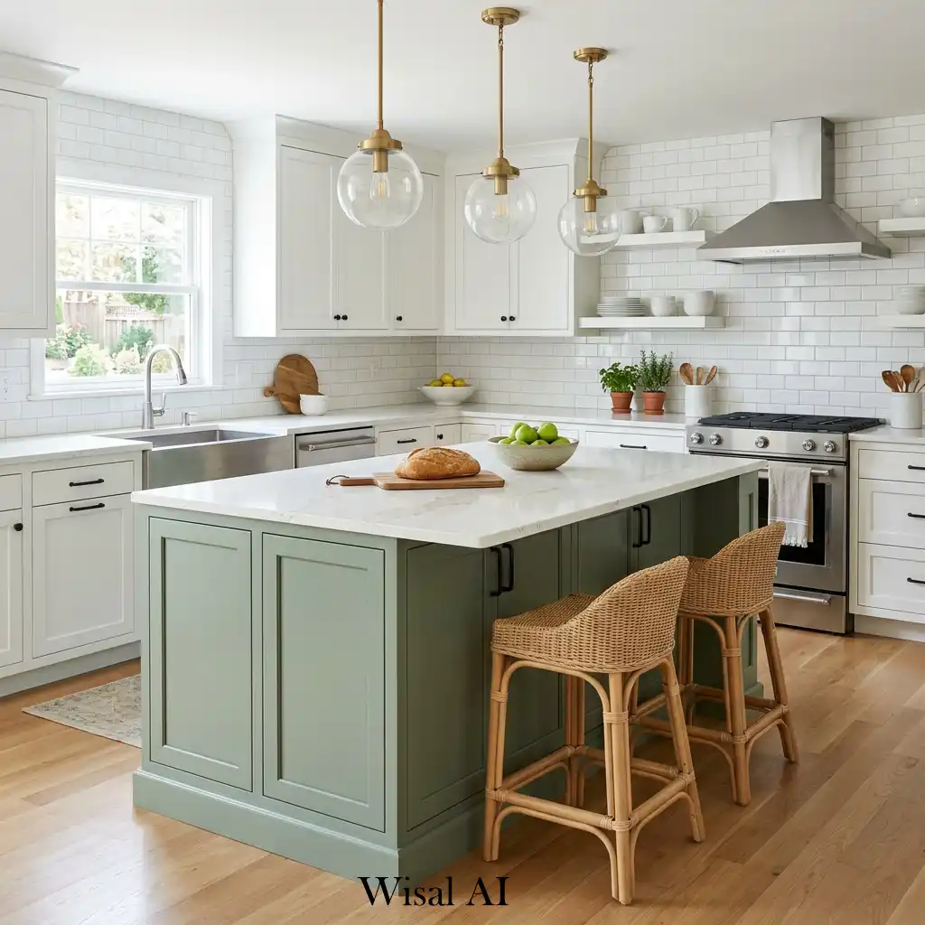 33. Sage green kitchen island with marble countertop design