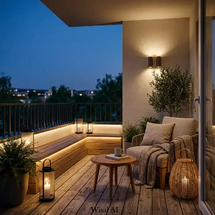 Luxury balcony with warm ambient lighting and soft evening atmosphere