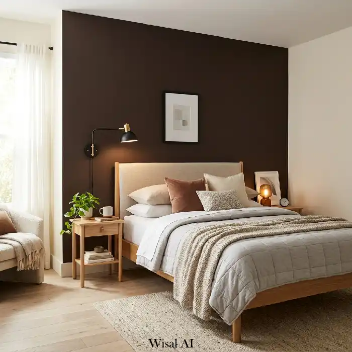Mocha luxury bedroom with deep brown accent wall and warm lighting