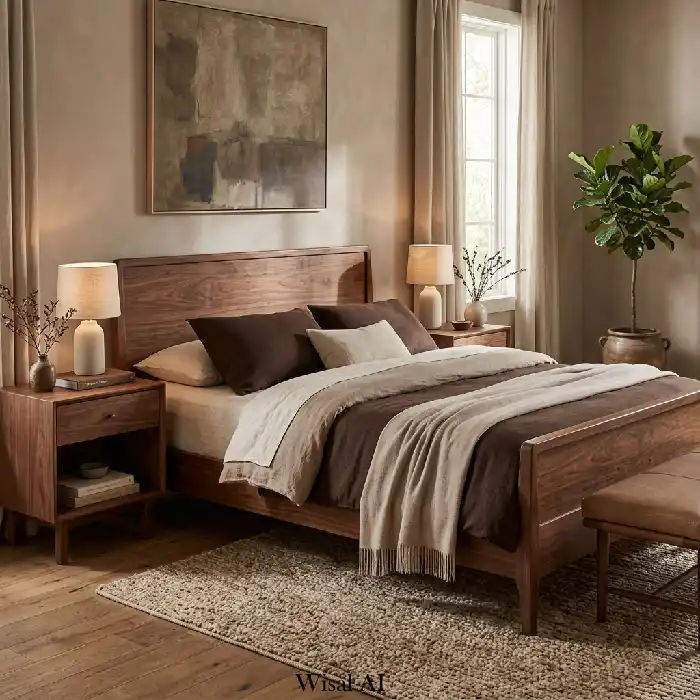 Modern mocha bedroom with walnut wood furniture and soft neutral decor