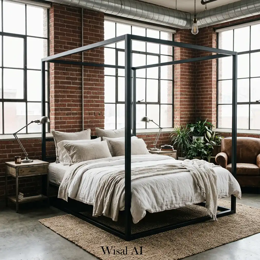36. Modern industrial bedroom with black steel canopy bed and linen bedding