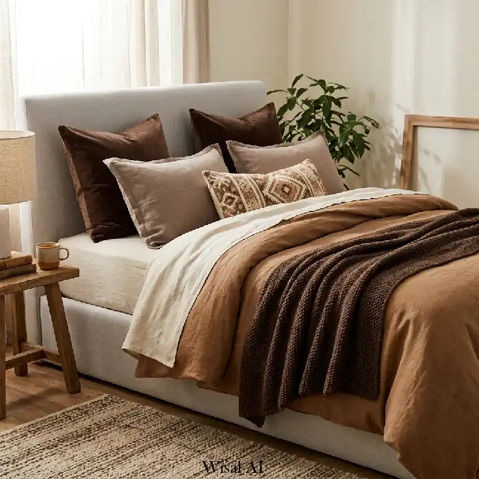 Cozy mocha bedroom with layered linen and wool textures in warm tones