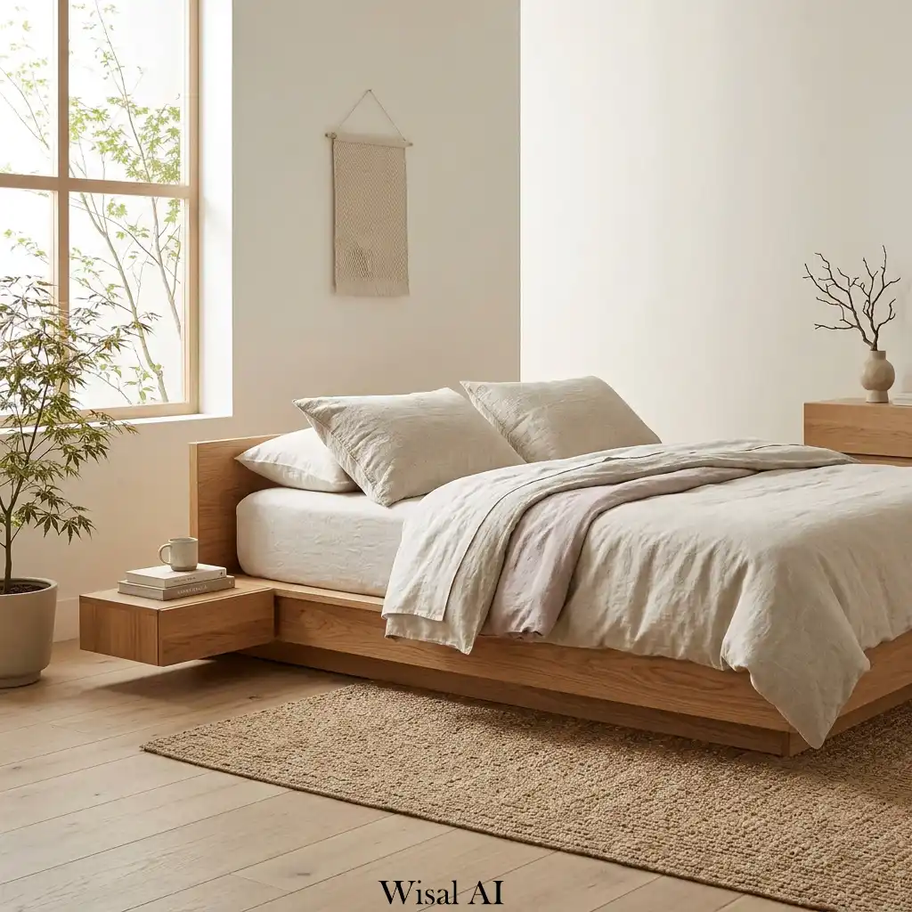 Low profile Japandi bed natural wood tones