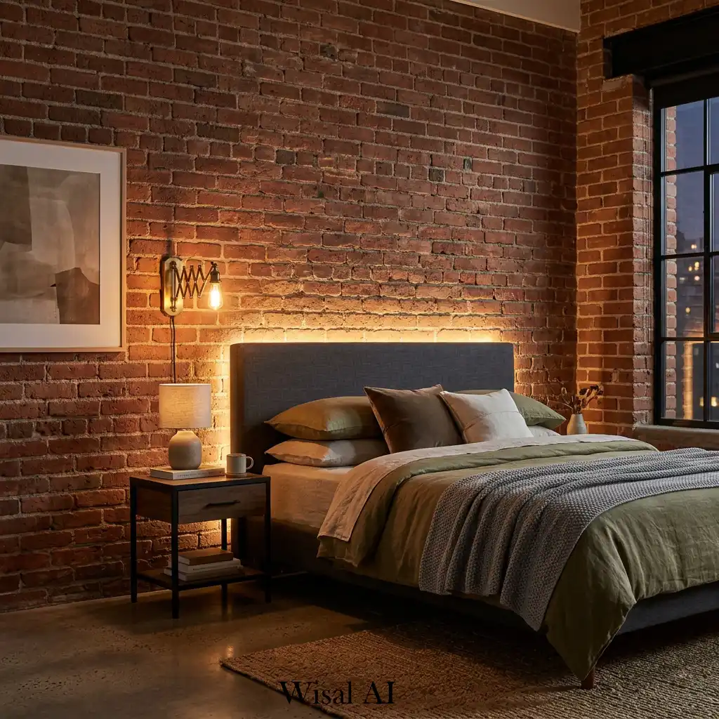 37. Industrial bedroom featuring exposed brick wall and warm ambient lighting