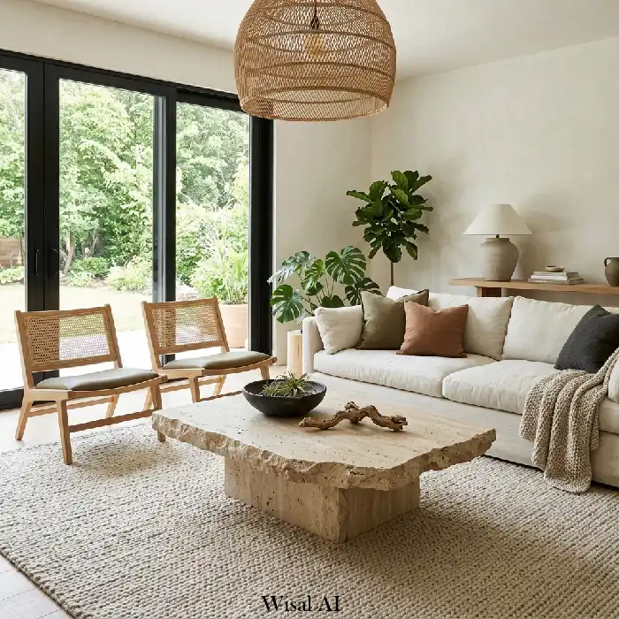 Organic modern living room with sculptural stone coffee table as natural centerpiece