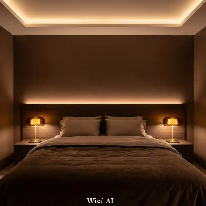 Luxury mocha bedroom with warm ambient lighting and soft glowing atmosphere