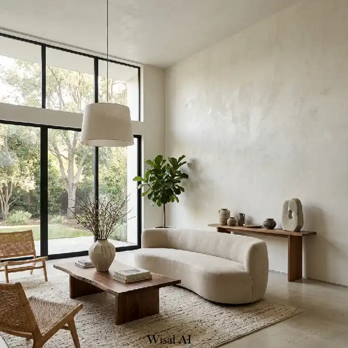 Luxury living room with floor-to-ceiling textured plaster walls and natural light
