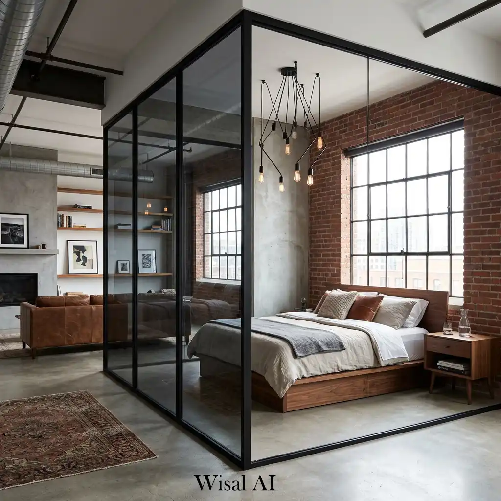 38. Loft style industrial bedroom with smoked glass partitions and metal accents