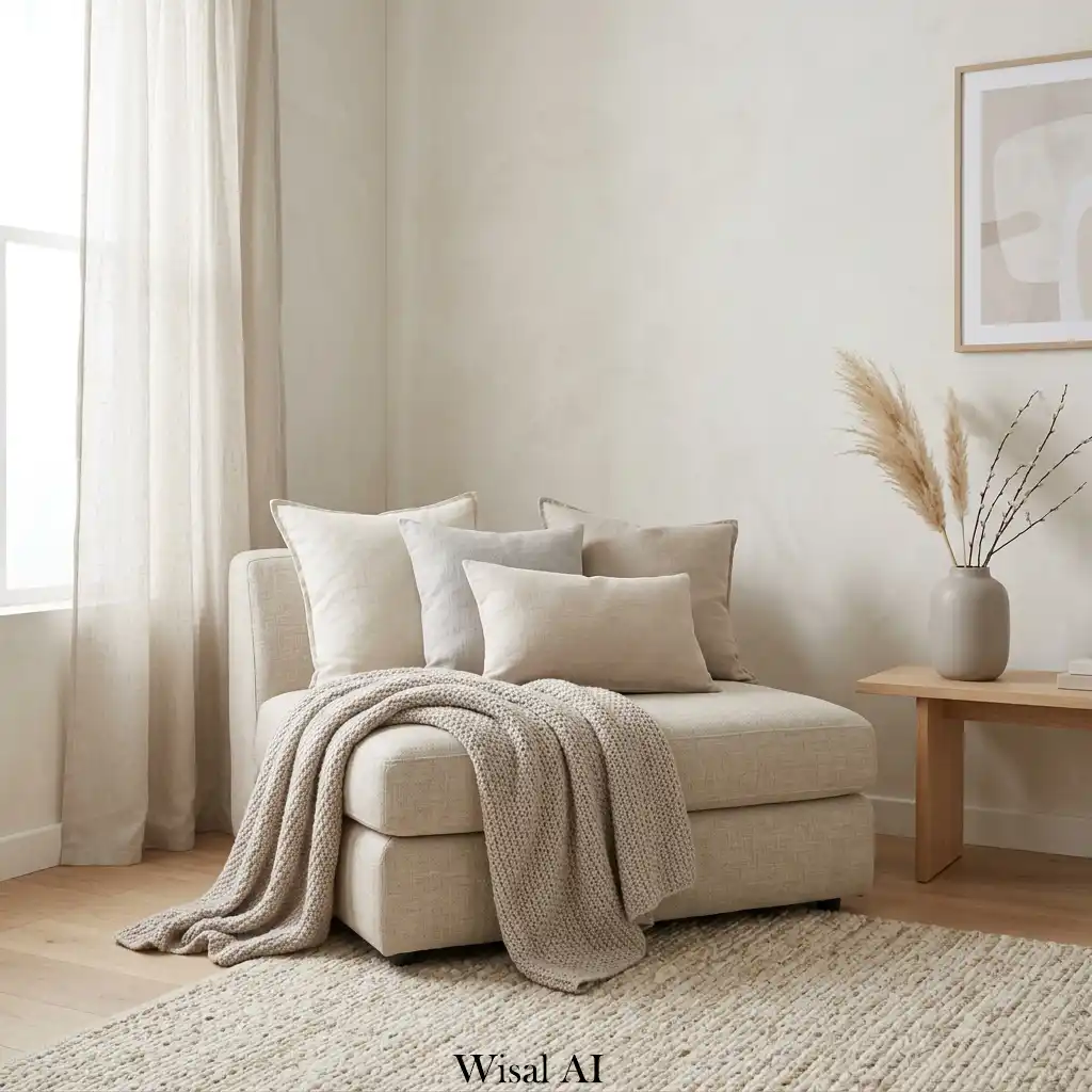 Neutral Japandi layers calm minimal bedroom
