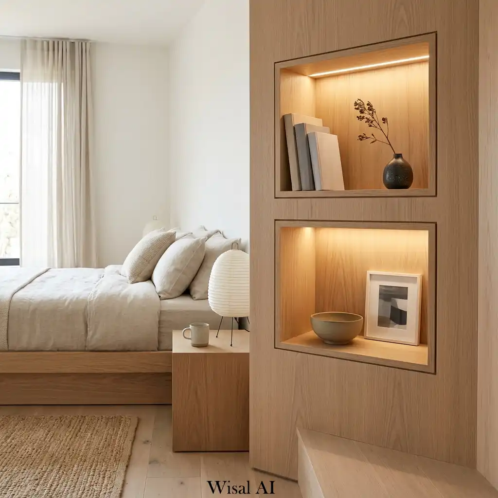 Built in wooden niches soft lighting