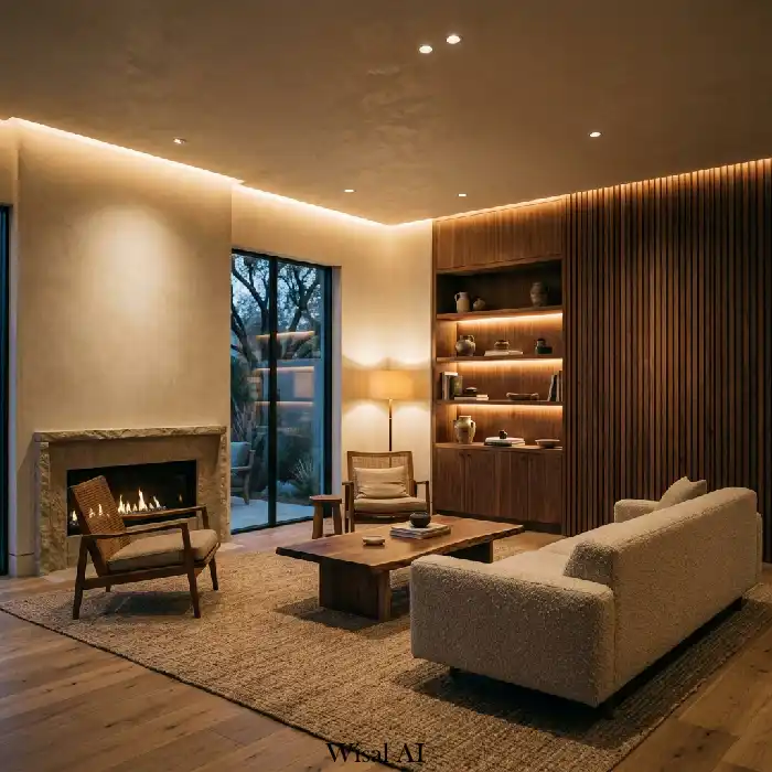 Modern organic living room with hidden warm ambient lighting and soft glow atmosphere