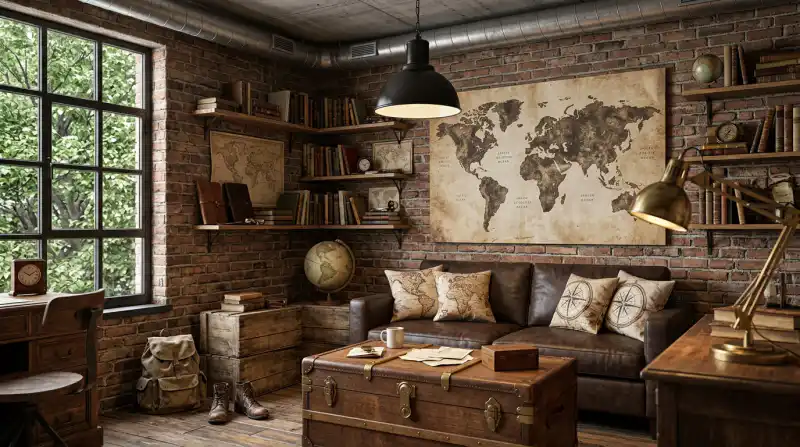 24. A Moody Industrial Living Room Idea: Globetrotting Adventures and Distressed Maps