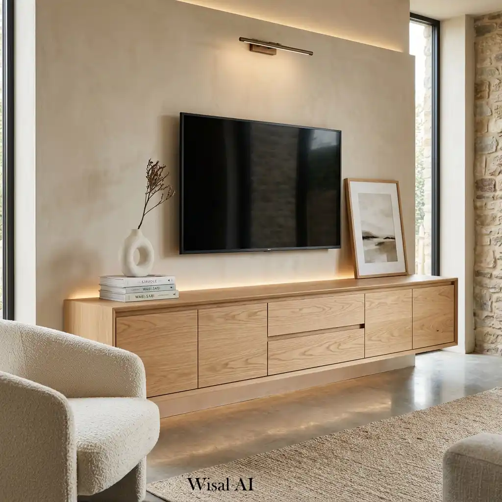 White oak floating media console in a contemporary living room.