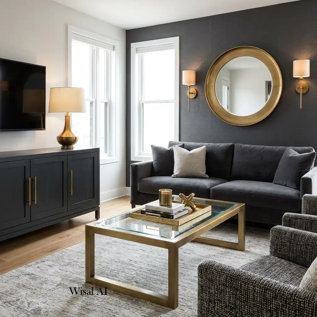 Luxury living room with charcoal gray décor and brass accents.