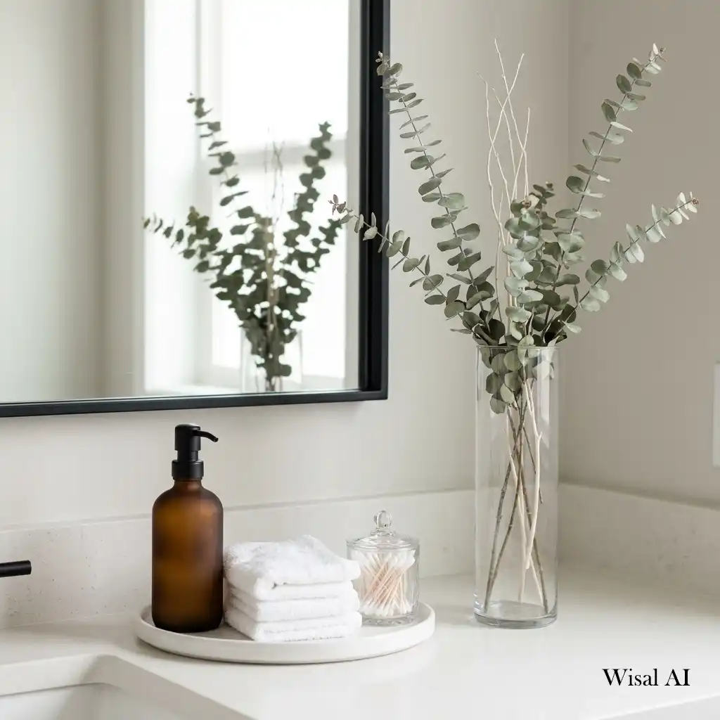 Modern bathroom vanity featuring a tall vase with greenery adding visual height.