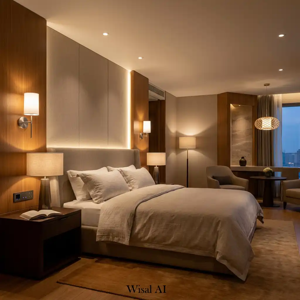 Layered bedroom lighting with sconces, pendants, and recessed lights.