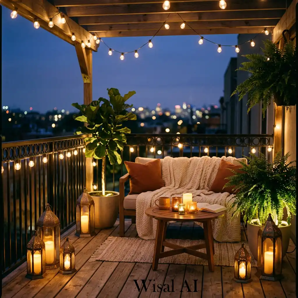 Dreamy balcony illuminated by warm ambient evening lighting