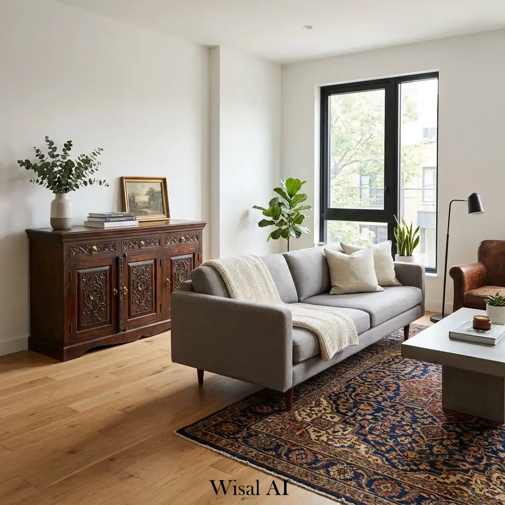 Stylish interior design mixing traditional patterned rug with modern sectional sofa