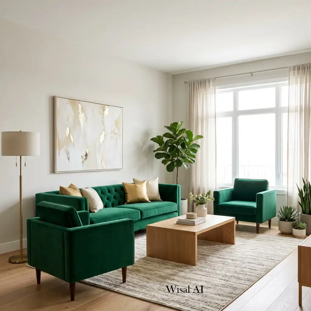 Bright living room with emerald green furniture and soft cream walls.
