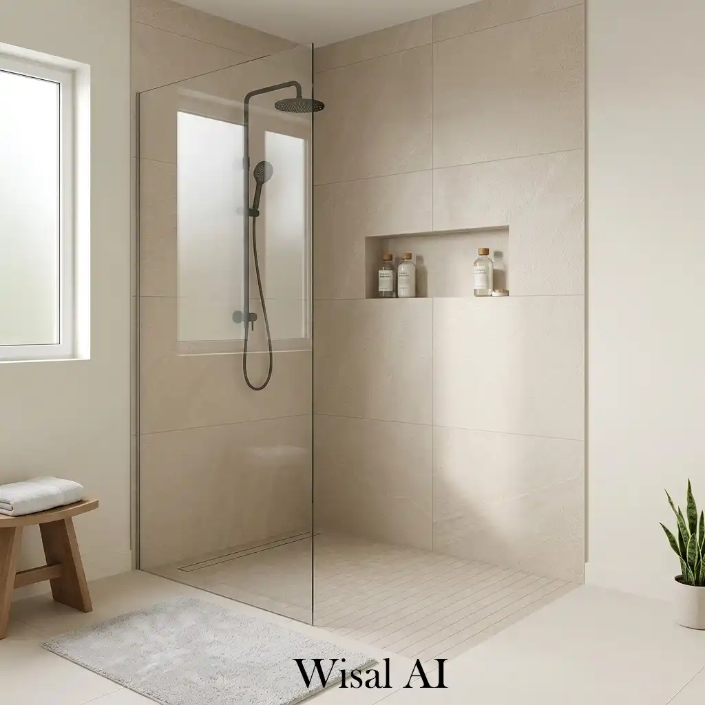 Beige tiled shower area with soft neutral modern design