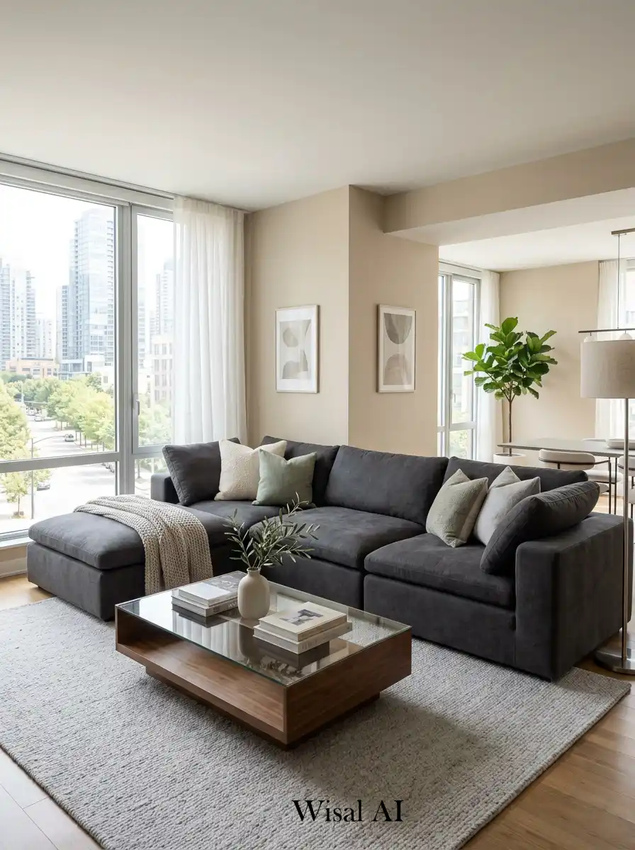 Contemporary living room with beige walls charcoal modular sofa and balanced modern minimalist interior layout.