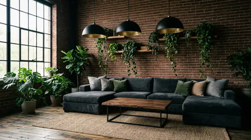4. Biophilic Haven in a Dark Warehouse (A Unique Moody Industrial Living Room Idea)