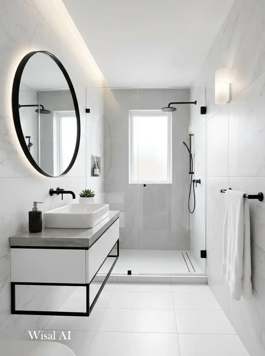 Minimal bathroom with black and white contrast design and clean modern architectural style.