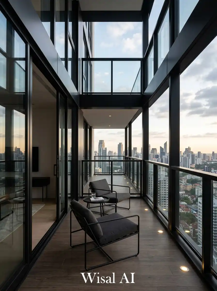 Modern black-framed balcony with glass railings and open city skyline view emphasizing minimal elegance.