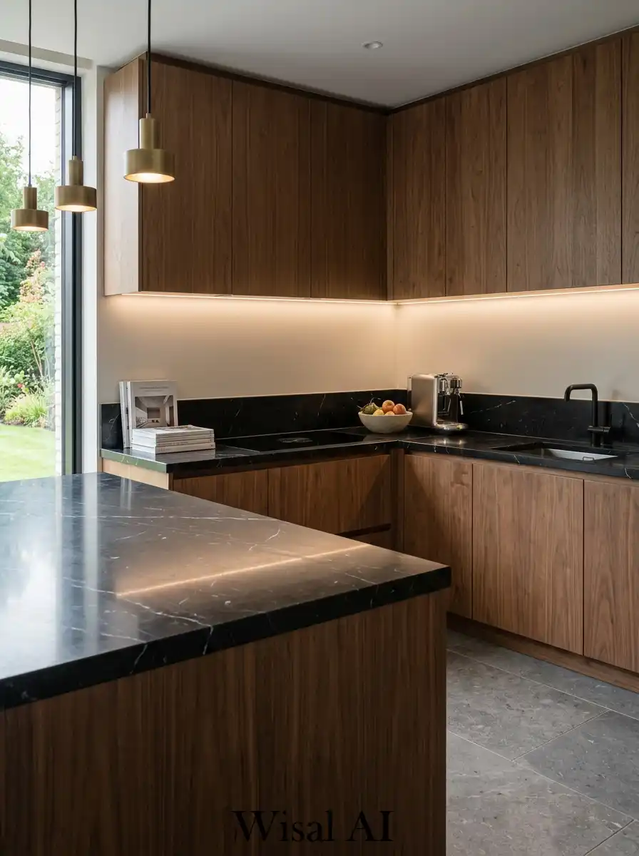 Luxury kitchen with black marble countertops wooden cabinets and refined modern interior design atmosphere.
