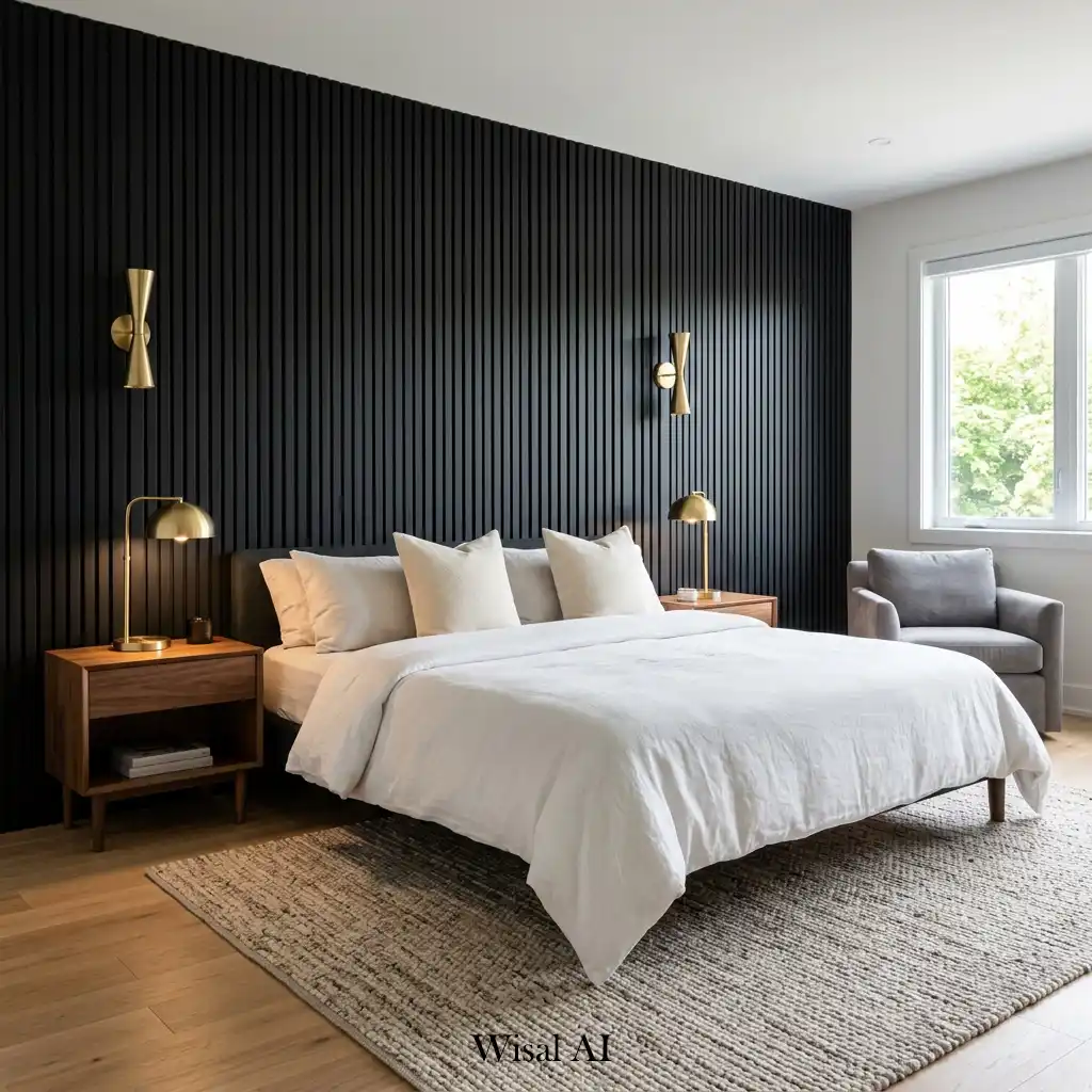 Modern bedroom featuring a bold black wood slat accent wall.