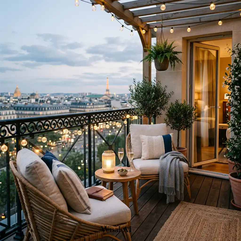 Boutique hotel-style balcony with elegant outdoor furniture and city scenery